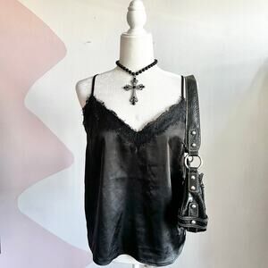 Black Lace Trim Tank Top, Goth Whimsigoth Grunge Indie Sleaze Medium‎
